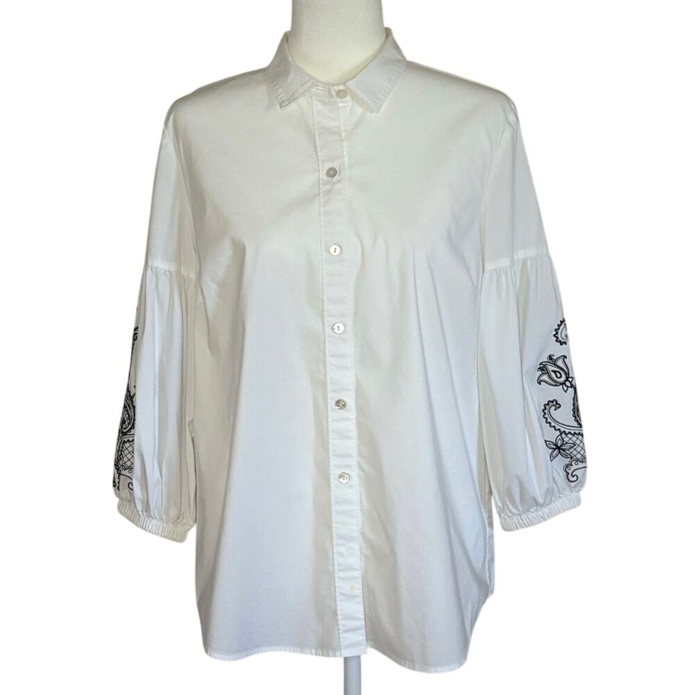 J. Jill White Shirt Collection Novelty Button Up Women's M White Boho